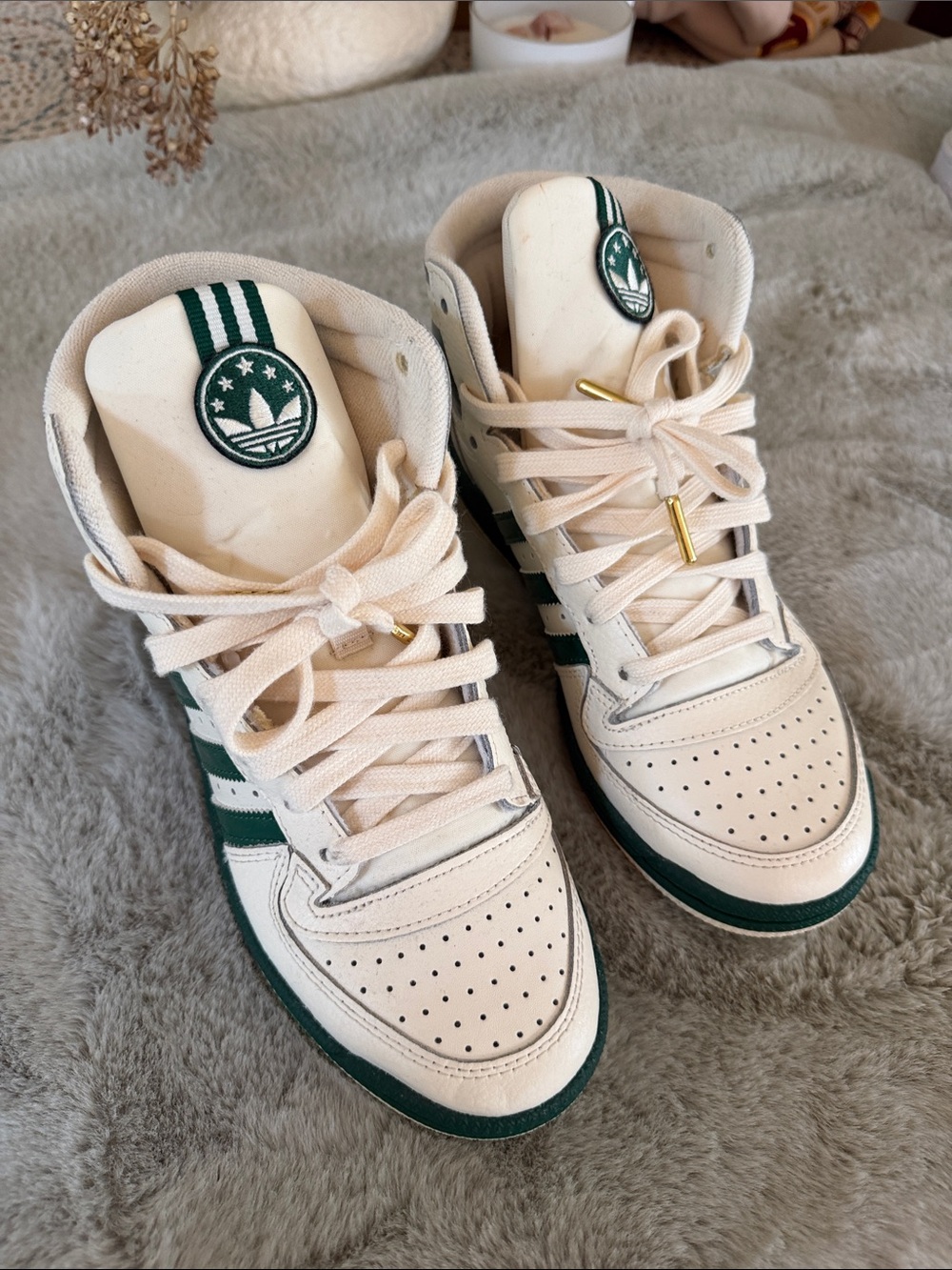 Adidas Juniors- Cream and Dark Green High-Top Sneakers